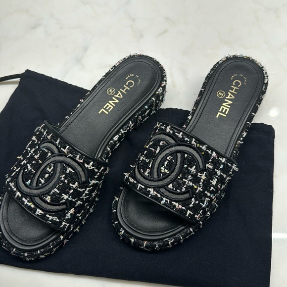 Chanel Tweed Logo Sandals - Picture 2 of 5